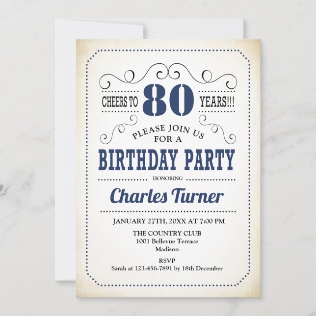 80th Birthday Party - Retro Creamy White and Navy Invitation (Front)