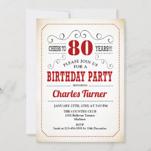 80th Birthday Party - Retro Creamy White and Red Invitation