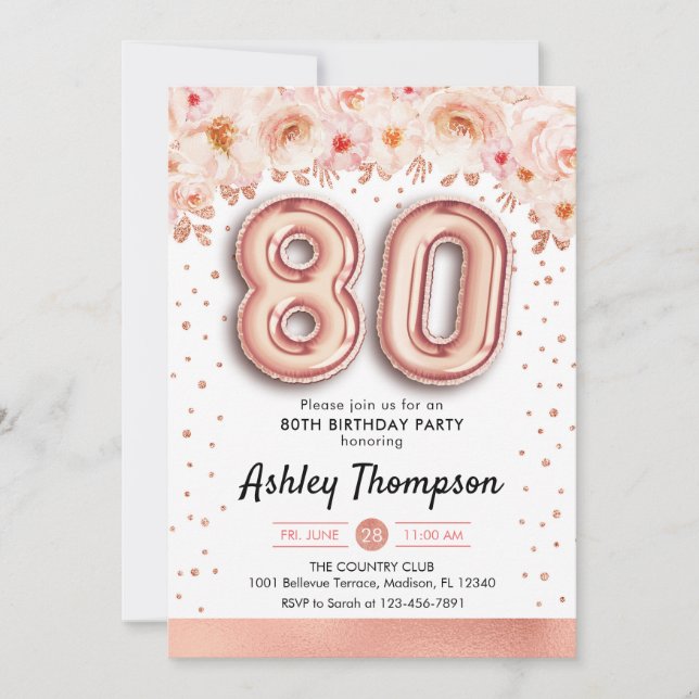 80th Birthday Party - Rose Gold Balloons Invitation (Front)