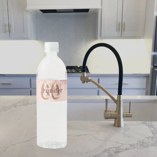 80th birthday party rose gold glitter drips name water bottle label (Creator Uploaded)
