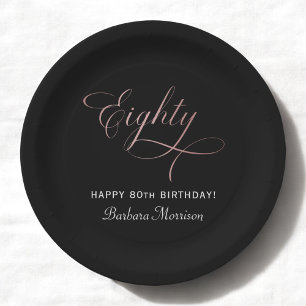 80th Birthday Party Rose Gold Script Personalised Paper Plate