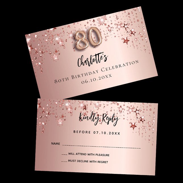 80th birthday party rose gold stars RSVP card (Creator Uploaded)
