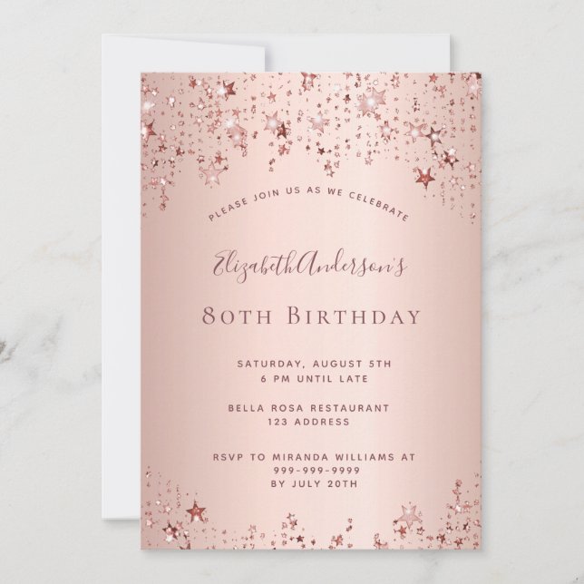 80th birthday party rose gold stars sprinkle invitation (Front)