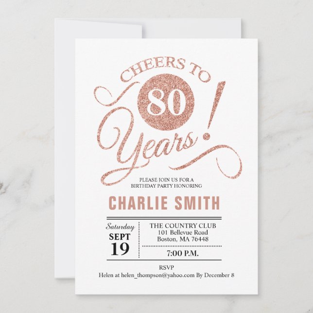 80th Birthday Party - Rose Gold White Invitation (Front)
