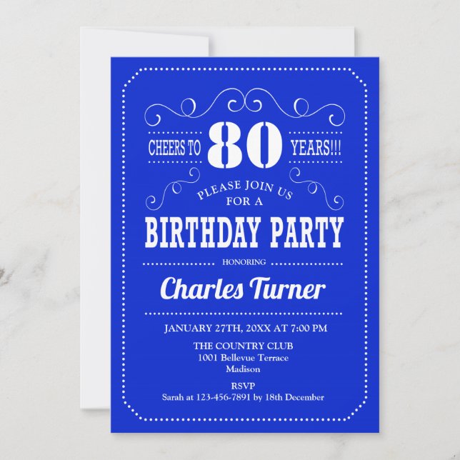 80th Birthday Party - Royal Blue White Invitation (Front)