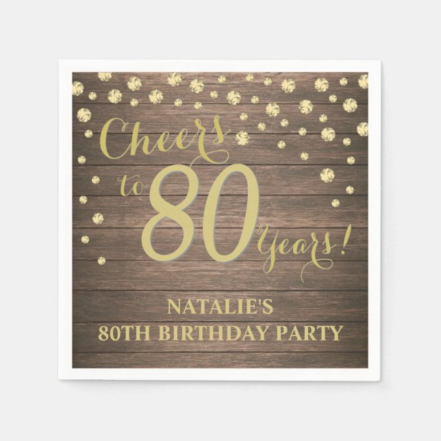 80th Birthday Party Rustic Wood and Gold Diamond Napkin (Front)