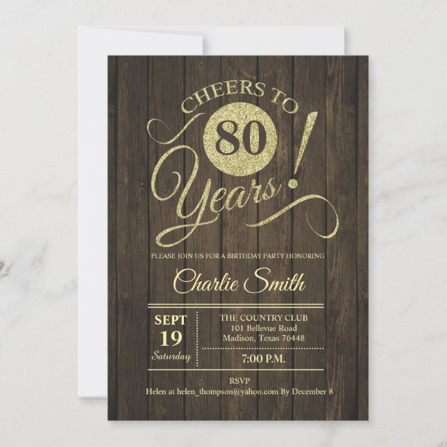 80th Birthday Party - Rustic Wood Gold Invitation (Front)