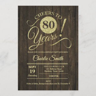80th Birthday Party - Rustic Wood Gold Invitation