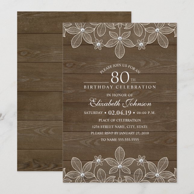 80th birthday party Rustic Wood Unique Lace Invitation (Front/Back)