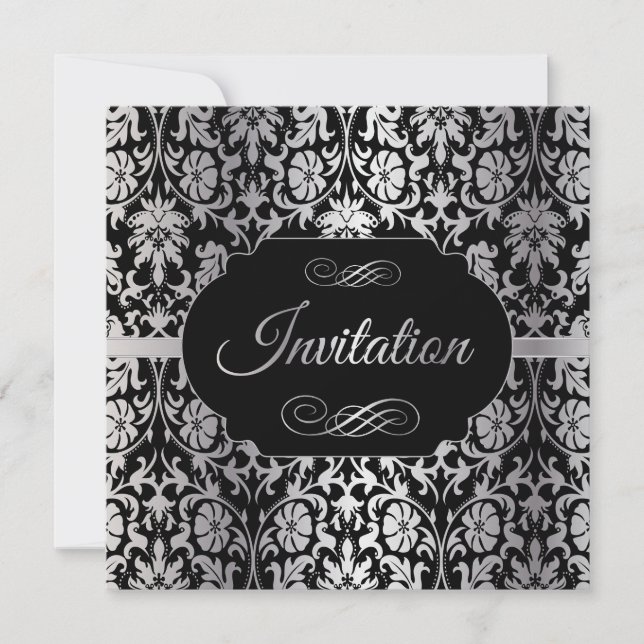 80th Birthday Party | Silver & Black Damask Invitation (Front)