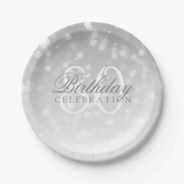 80th Birthday Party Silver Bokeh Sparkle Lights Paper Plate (Front)