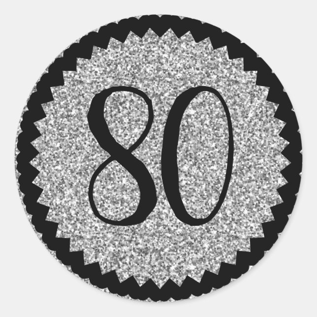80th Birthday Party Silver Glitter Classic Classic Round Sticker (Front)