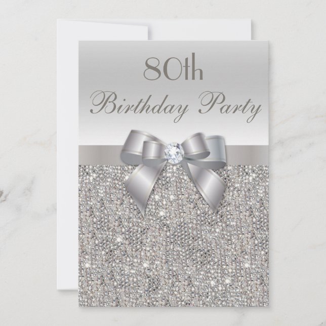 80th Birthday Party Silver Sequins, Bow & Diamond Invitation (Front)