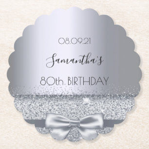 80th birthday party silver sparkle bow paper coaster