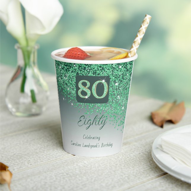 80th Birthday Party Sparkle Green Glitter Paper Cups (Insitu)
