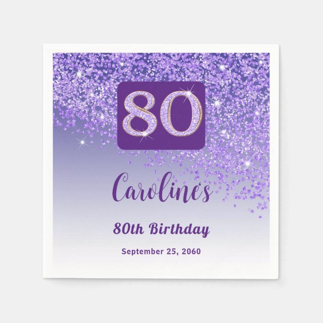 80th Birthday Party Sparkling Purple Glitter Napkin (Front)