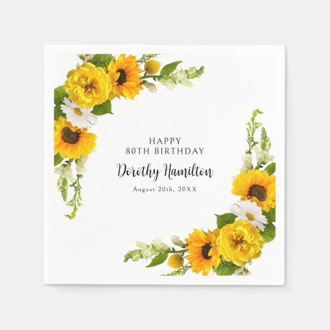 80th Birthday Party Sunflower Daisy Custom Napkin (Front)