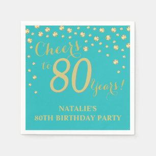 80th Birthday Party Teal and Gold Diamond Napkins