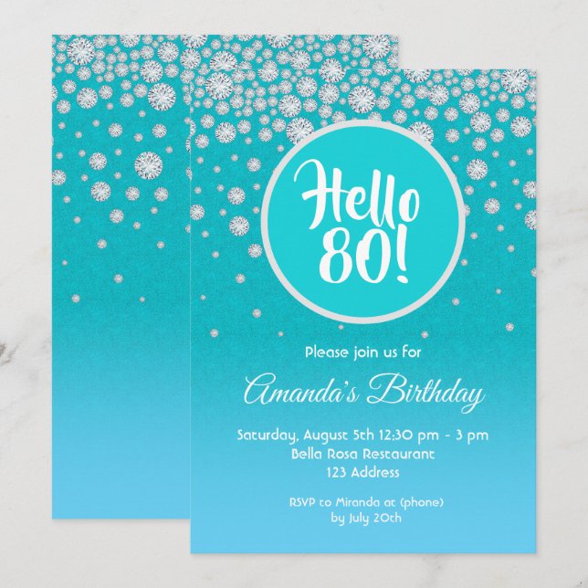 80th birthday party teal blue diamonds glitter invitation (Front/Back)
