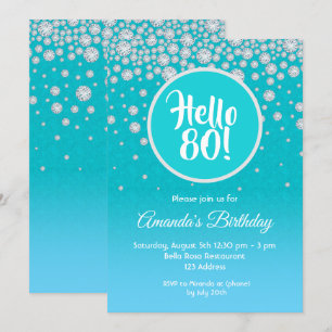 80th birthday party teal blue diamonds glitter invitation