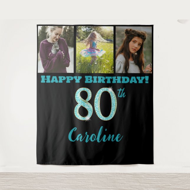 80th Birthday Party, Teal Blue Glitter & 3 photos Tapestry (Front)