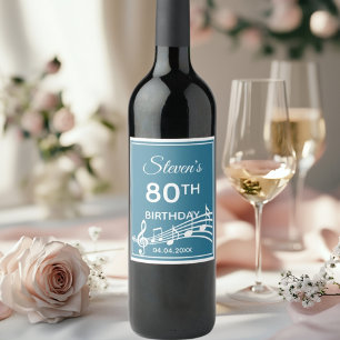 80th birthday party teal blue music notes name wine label