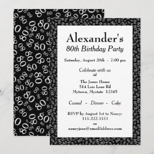 80th Birthday Party Theme Black and White Pattern Invitation
