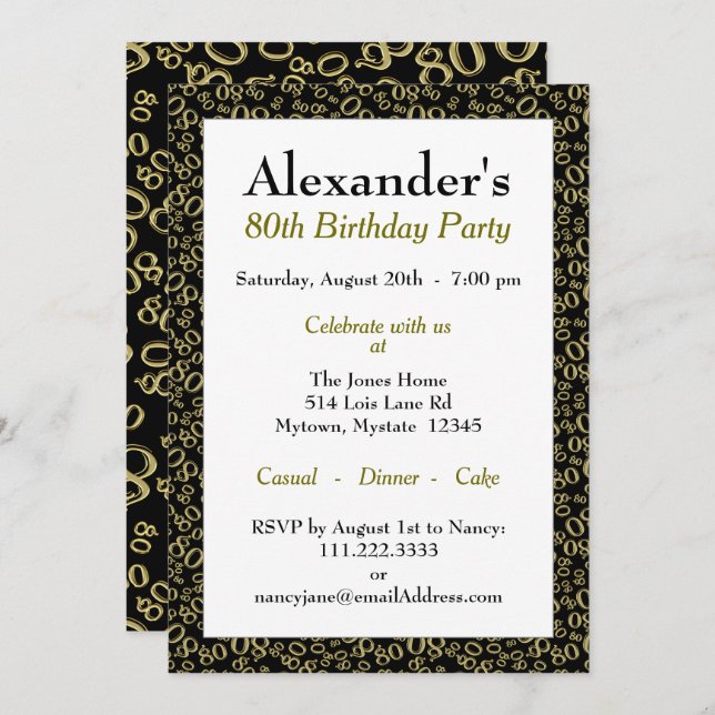 80th Birthday Party Theme - Gold and Black Pattern Invitation (Front/Back)