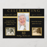 80th Birthday Party Tri Photo Invitations<br><div class="desc">Your guests will love this personalised, gold and black 80th birthday party invitation with elegant gold tri photo frames set in a black backtround. Simple yet festive, the elegant, chic, classic, classy 80th birthday party invitation is is a fitting way to celebrate your guest of honour's eightieth birthday with style...</div>