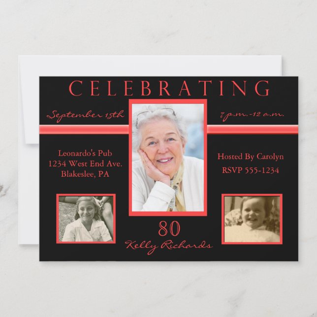 80th Birthday Party Tri Photo Invitations Red & Bl (Front)