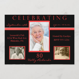 80th Birthday Party Tri Photo Invitations Red & Bl