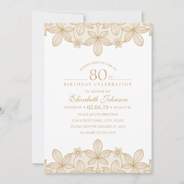 80th Birthday Party Unique Golden Lace Invitation (Front)