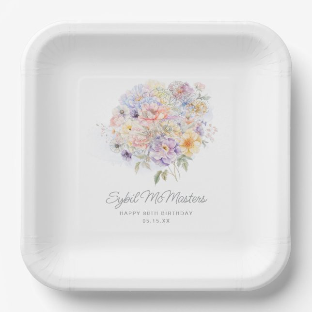 80th Birthday Party Watercolor Floral Custom Paper Plate (Front)