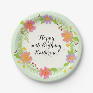 80th Birthday Party Watercolor Modern Floral Paper Plate