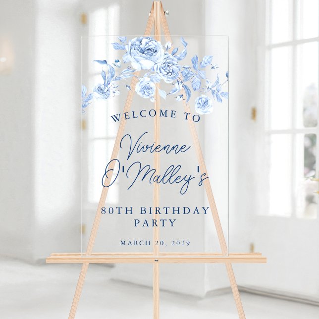 80th Birthday Party Welcome Blue Rose Floral Acrylic Sign (Creator Uploaded)