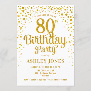 80th Birthday Party - White & Gold Invitation