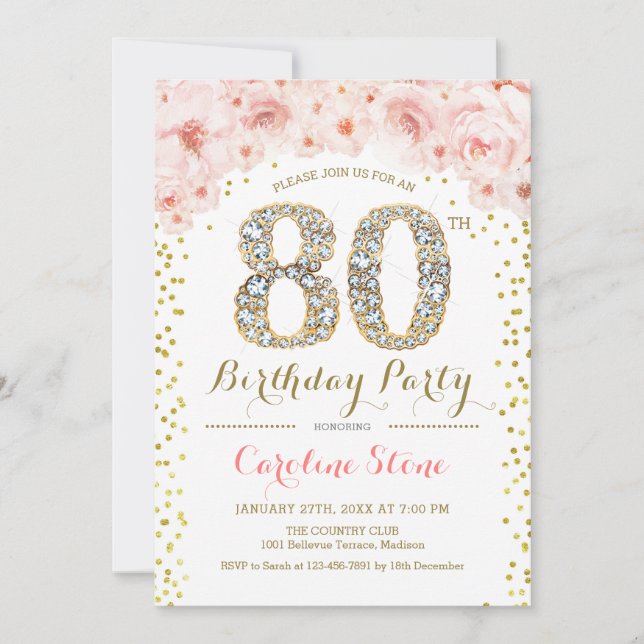 80th Birthday Party - White Gold Pink Invitation (Front)