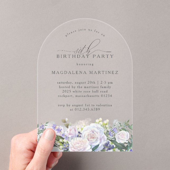 80th Birthday Party White Rose Blue Floral Arch Acrylic Invitations (Insitu (Handheld))