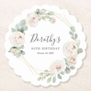 80th Birthday Party White Rose Floral Custom Paper Coaster