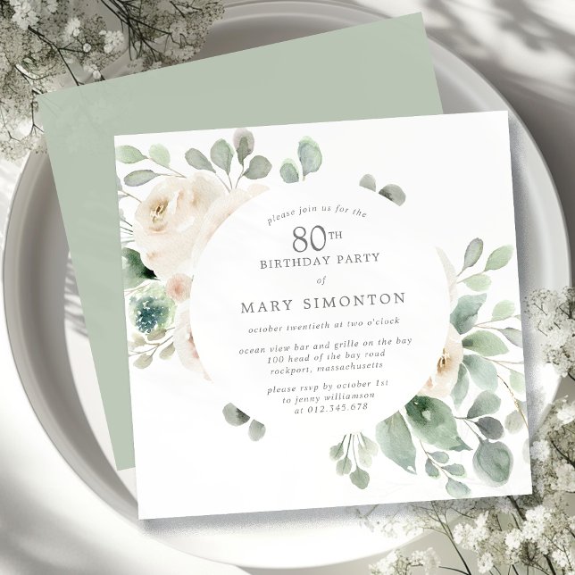 80th Birthday Party White Rose Floral Eucalyptus  Invitation (Creator Uploaded)