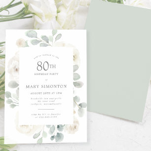 80th Birthday Party White Rose Floral Invitation