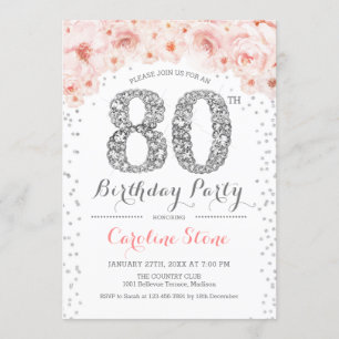 80th Birthday Party - White Silver Pink Invitation