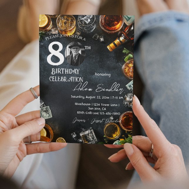 80th birthday party with drinks and whiskey  invitation (Creator Uploaded)