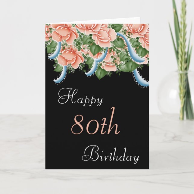 80th Birthday Peach Roses Happy Birthday Card (Front)