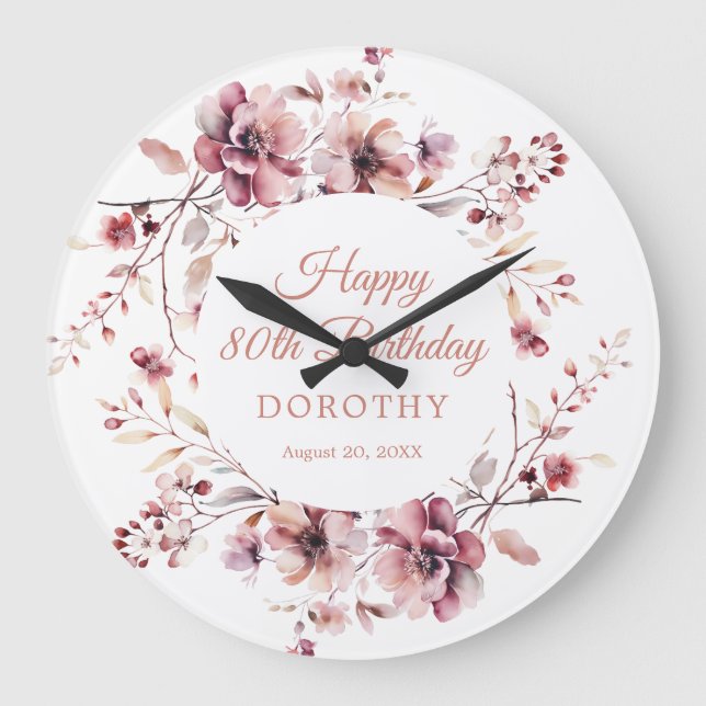 80th Birthday Personalised Burgundy Pink Floral Large Clock (Front)