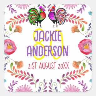 80th Birthday Personalised Folk Flowers Fiesta Square Sticker