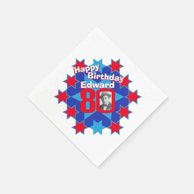 80th birthday photo and name red star napkins (Corner)