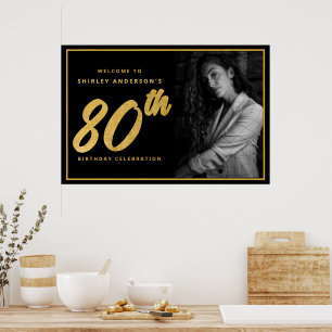 80th Birthday Photo Black Faux Gold Leaf Elegant  Poster