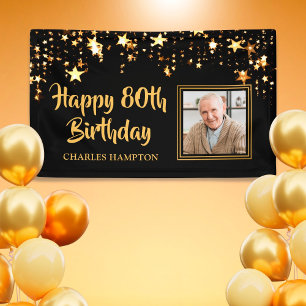 80th Birthday Photo Black Gold Stars Personalised Banner