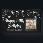 80th Birthday Photo Black White Silver Stars Banner<br><div class="desc">Celebrate an 80th (or any age) birthday with this black and white banner sign with silver stars and your custom text (the sample shows HAPPY 80TH BIRTHDAY) in a modern, brush script font and personalised with their or your other text. All text is editable to change to any age birthday...</div>